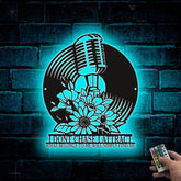 Custom Floral Micro Vinyl Records Metal Wall Art Led Lights, Personalized Audio Music Studio Metal Name Sign, Micro Turntable Record Metal Sign Art